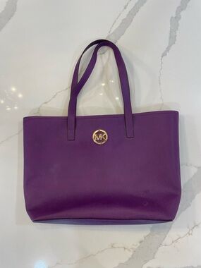 Michael Kors Plum Saffiano Leather Tote with Gold MK Emblem and Matching Wallet